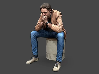 Man Sitting On Barrel Wearing Brown Jacket Blue Jeans White Shoes Resting Hands On Chin 3d model