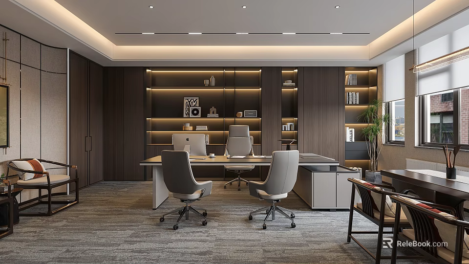 Modern Office Interior Design With Work Desk Ergonomic Chairs Wooden Shelves And Recessed Lighting 3d model