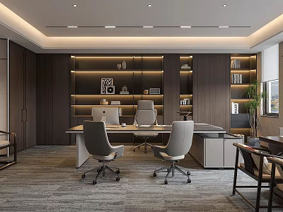 Modern Office Interior Design With Work Desk Ergonomic Chairs Wooden Shelves And Recessed Lighting 3d model