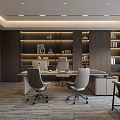 Modern Office Interior Design With Work Desk Ergonomic Chairs Wooden Shelves And Recessed Lighting 3d model