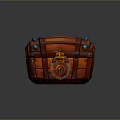 Vintage Wooden Treasure Chest With Red Wood Grain Metal Straps And Blue Gemstones