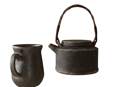 Traditional Handcrafted Dark Clay Tea Set with Wooden Handle Teapot and Mug 3d model