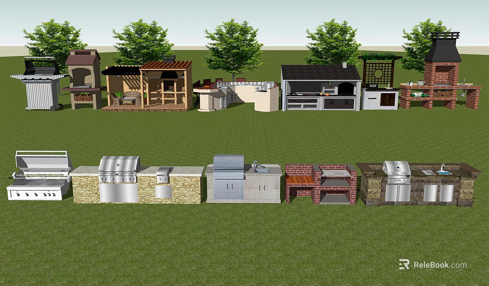 Outdoor BBQ Equipment Collection With Grills Gazebos And Storage Units In Garden 3d model 