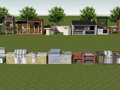 Outdoor BBQ Equipment Collection With Grills Gazebos And Storage Units In Garden 3d model