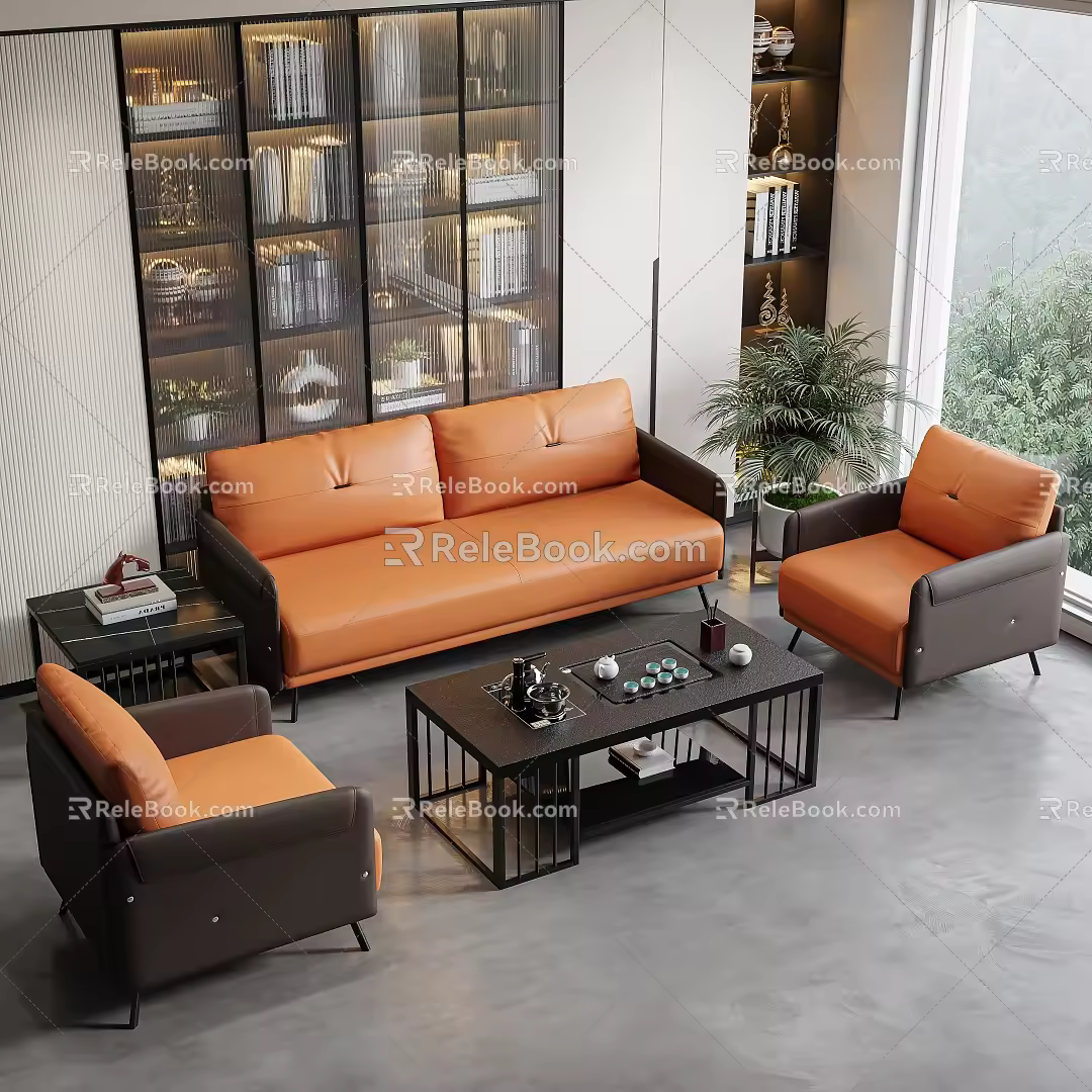 Office Sofa Coffee Table Combination Kung Fu Coffee Table Casual Sofa Double Leather Sofa Tea Set Ornaments 3d model