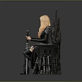 Woman Sitting On Iron Throne With Long Blonde Hair Holding Sword In Black Outfit Boots