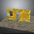 Orange Wall Structure With Climbing Vines Window Doorway And Stone Slab Floor