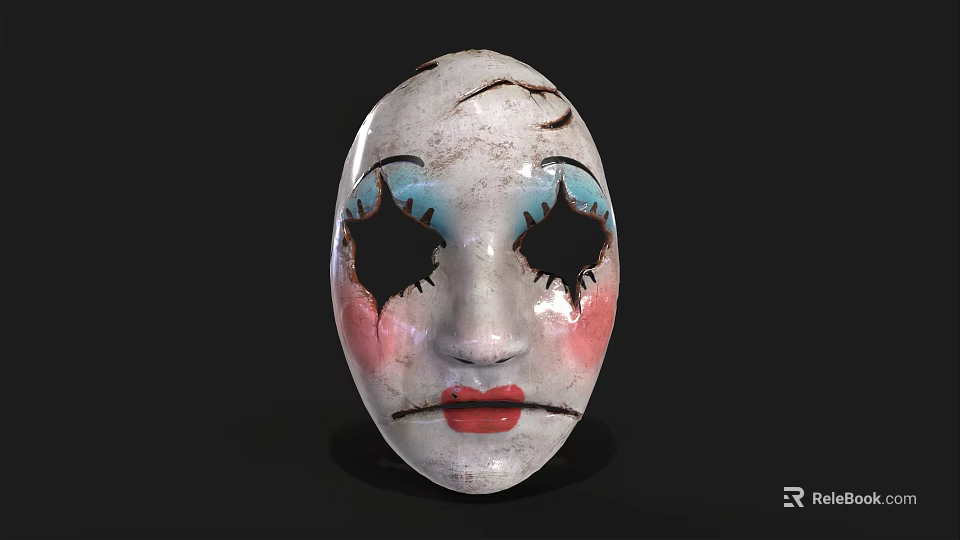 Vintage Costume Mask With Cracked Details Blue Pink Eye Makeup And Red Lips 3d model 
