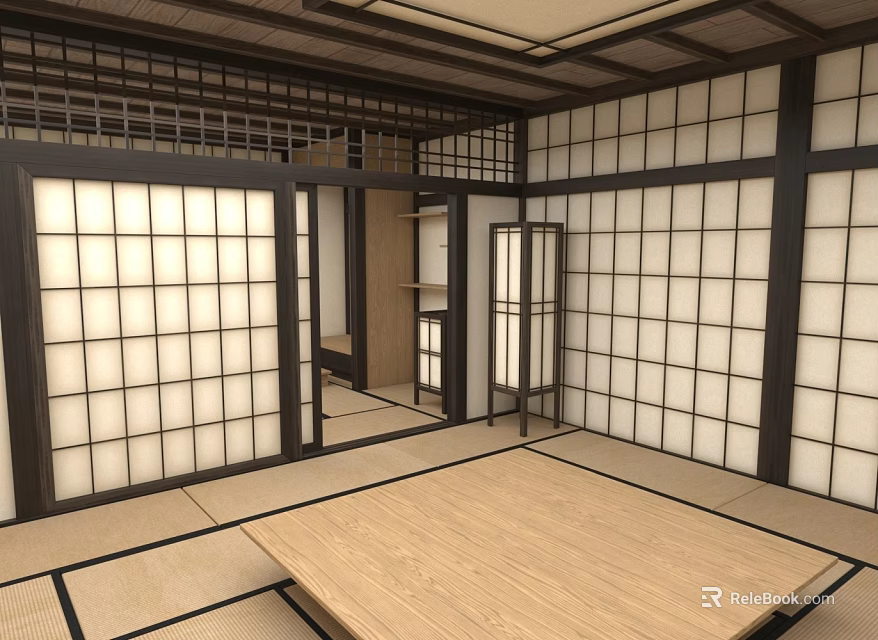 Japanese Style Tatami Bedroom Interior With Grid Patterned Sliding Doors And Wooden Frames 3d model 