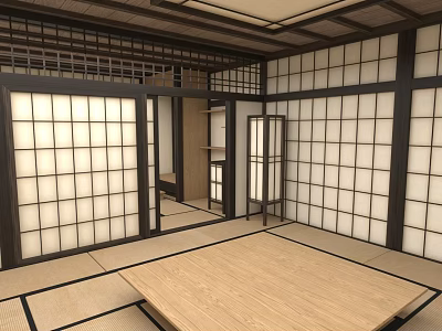 Japanese Style Tatami Bedroom Interior With Grid Patterned Sliding Doors And Wooden Frames 3d model
