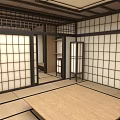 Japanese Style Tatami Bedroom Interior With Grid Patterned Sliding Doors And Wooden Frames