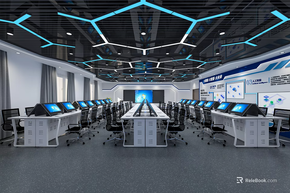 Modern Computer Classroom Setup With Rows of Computers Ergonomic Chairs and Projection Screen 3d model 