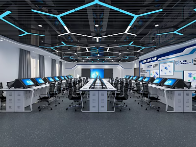 Modern Computer Classroom Setup With Rows of Computers Ergonomic Chairs and Projection Screen 3d model