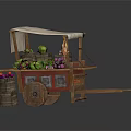 Wooden Fruit Cart With Canopy Loaded With Fresh Fruits Vegetables And Barrels
