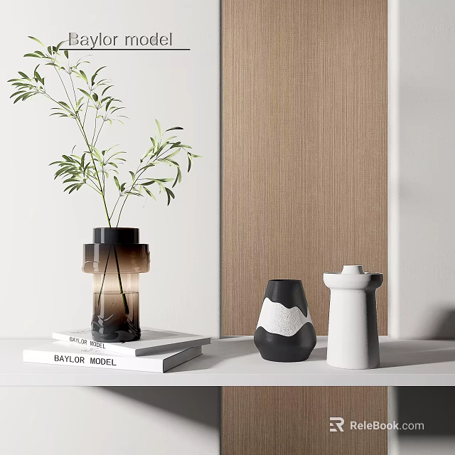 Modern Decorative Ornaments Set With Glass Vase Green Leaves And Ceramic Figurines 3d model 