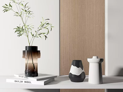 Modern Decorative Ornaments Set With Glass Vase Green Leaves And Ceramic Figurines 3d model