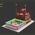 Traditional Islamic Tower Architecture with White Domes and Tall Red Brick Minarets