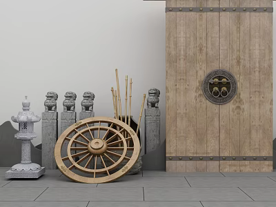 Traditional Chinese Garden Ornaments Featuring Wooden Door Stone Lantern Statues Bamboo Sticks And Wheel 3d model