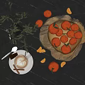 Ceramic Bowl With Fresh Oranges Coffee And Cinnamon Sticks On Dark Tabletop With Green Leaves
