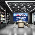 Car 4S Shop Interior Design With Hexagonal Lighting Display Shelves Auto Parts And Digital Screen