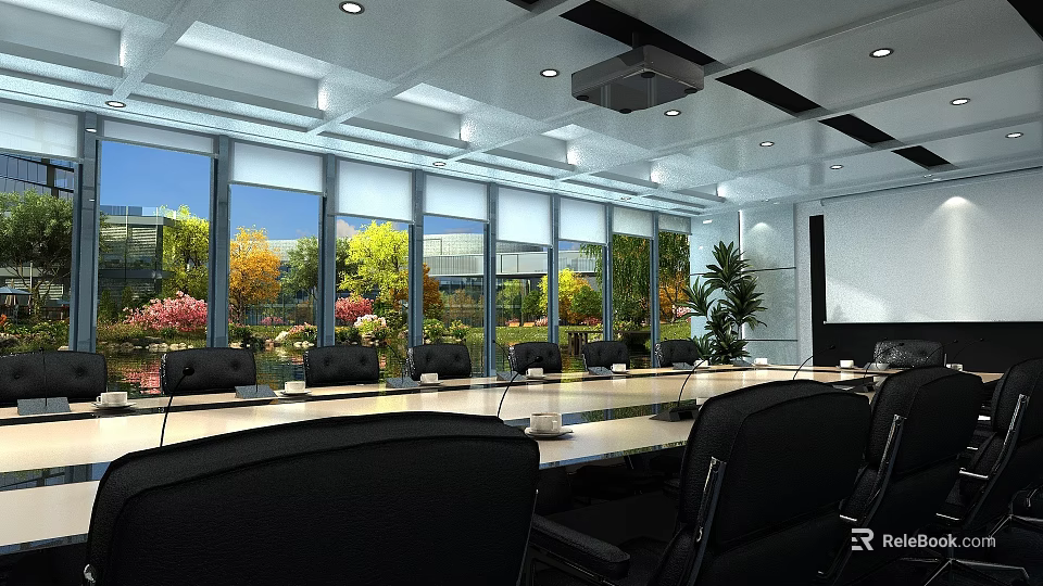 Modern Conference Room With Long Table Black Chairs Large Windows Greenery View And Projection Screen 3d model 