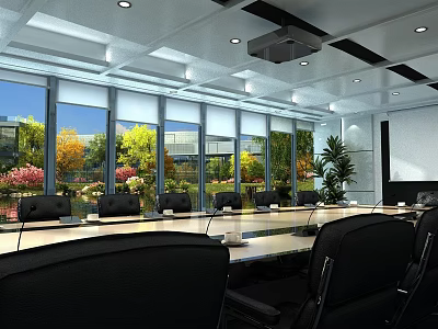 Modern Conference Room With Long Table Black Chairs Large Windows Greenery View And Projection Screen 3d model