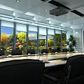 Modern Conference Room With Long Table Black Chairs Large Windows Greenery View And Projection Screen