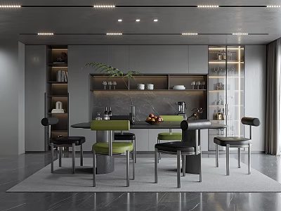 Modern Restaurant Interior Design With Dining Table Green Chairs And Decorative Shelves 3d model