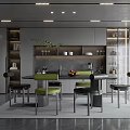 Modern Restaurant Interior Design With Dining Table Green Chairs And Decorative Shelves