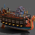 Traditional Dragon Head Ship With Ancient Architectural Structure And Decorative Flags 3d model