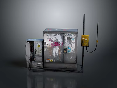 Aged Electrical Equipment with Metal Cabinets Graffiti Yellow Device and Cables 3d model