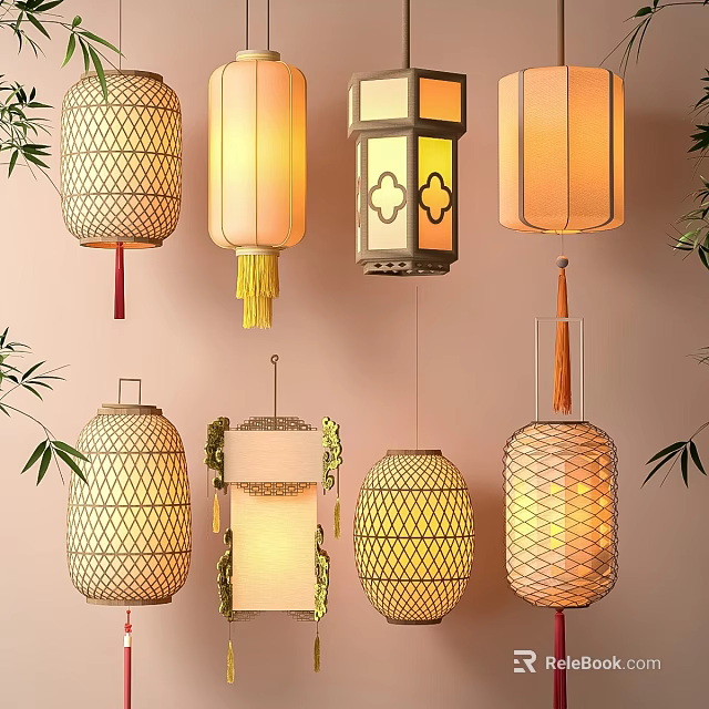 Various Styles of Decorative Lanterns with Bamboo Woven Tassels Square Round Shapes Bamboo Leaves Background 3d model 