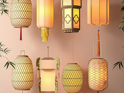 Various Styles of Decorative Lanterns with Bamboo Woven Tassels Square Round Shapes Bamboo Leaves Background 3d model