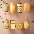 Various Styles of Decorative Lanterns with Bamboo Woven Tassels Square Round Shapes Bamboo Leaves Background