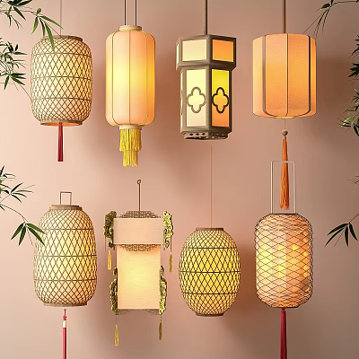 Various Styles of Decorative Lanterns with Bamboo Woven Tassels Square Round Shapes Bamboo Leaves Background 3d model