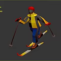 Skier Skiing With Poles Skis In Yellow Gray Jacket Red Hat Gloves On Gray Background