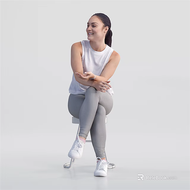 Woman Sitting On Chair Crossed Arms Wearing White Sleeveless Top Gray Leggings White Sneakers Smiling 3d model 