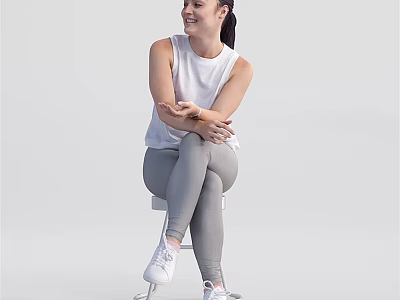 Woman Sitting On Chair Crossed Arms Wearing White Sleeveless Top Gray Leggings White Sneakers Smiling 3d model