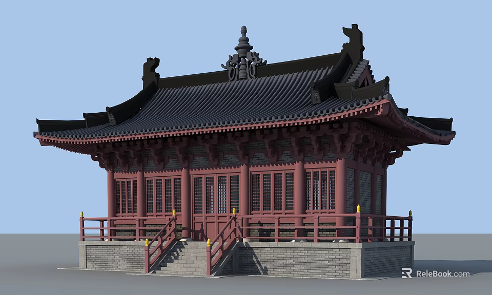 Ancient Chinese Architecture with Black Tiled Roof Overhanging Eaves Red Structure Stone Base and Steps 3d model 
