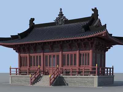 Ancient Chinese Architecture with Black Tiled Roof Overhanging Eaves Red Structure Stone Base and Steps 3d model