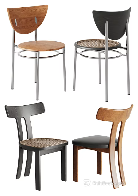 Modern Dining Chairs With Wooden Backrests Metal Legs And Leather Woven Seats 3d model 