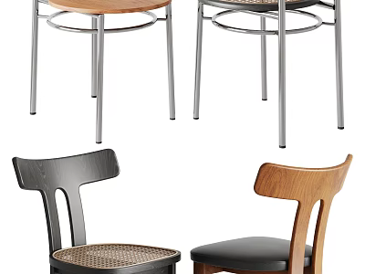 Modern Dining Chairs With Wooden Backrests Metal Legs And Leather Woven Seats 3d model