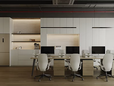 Modern Minimalist Office Interior With Multiple Workstations And Comfortable Ergonomic Chairs And Warm Soft Lighting 3d model