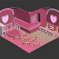 Playful Pink Heart Shaped Cartoon Room Interior With Sofa Tables And Chairs