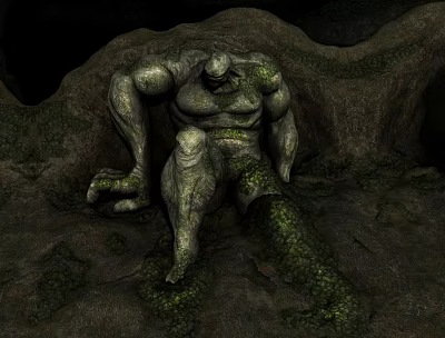 Moss Covered Muscular Stone Game Movie Character Sitting In Cave With Rocky Ground 3d model