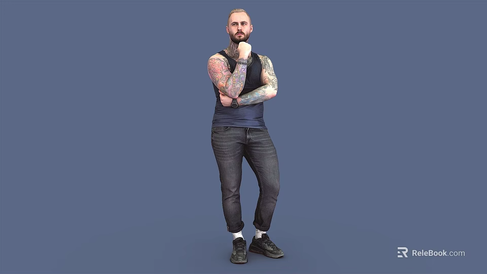 Tattooed Man In Black Tank Top And Dark Jeans Posing Against Blue Background 3d model 