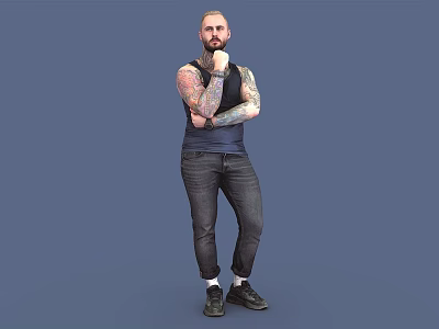 Tattooed Man In Black Tank Top And Dark Jeans Posing Against Blue Background 3d model