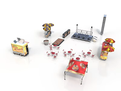 Outdoor Dining Scene Components Featuring Food Carts Tables Chairs Umbrellas And Stage 3d model