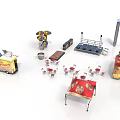 Outdoor Dining Scene Components Featuring Food Carts Tables Chairs Umbrellas And Stage