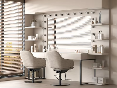 Commercial Vanity Equipment With Modern Desk Ergonomic Chairs Mirror Lighting And Storage Shelves 3d model